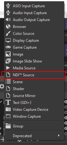 NDI Source in list of sources for OBS
