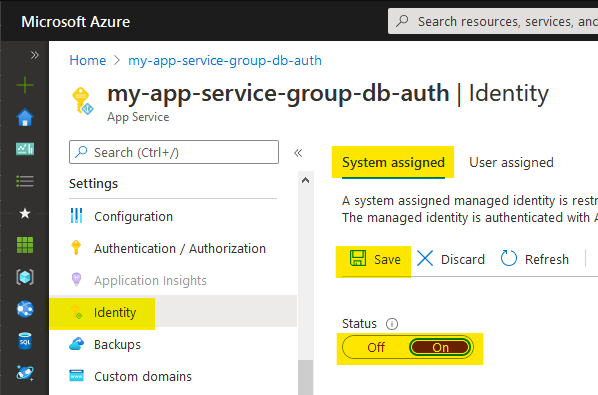 Flipping System assigned tab to On in App Service in Azure Portal
