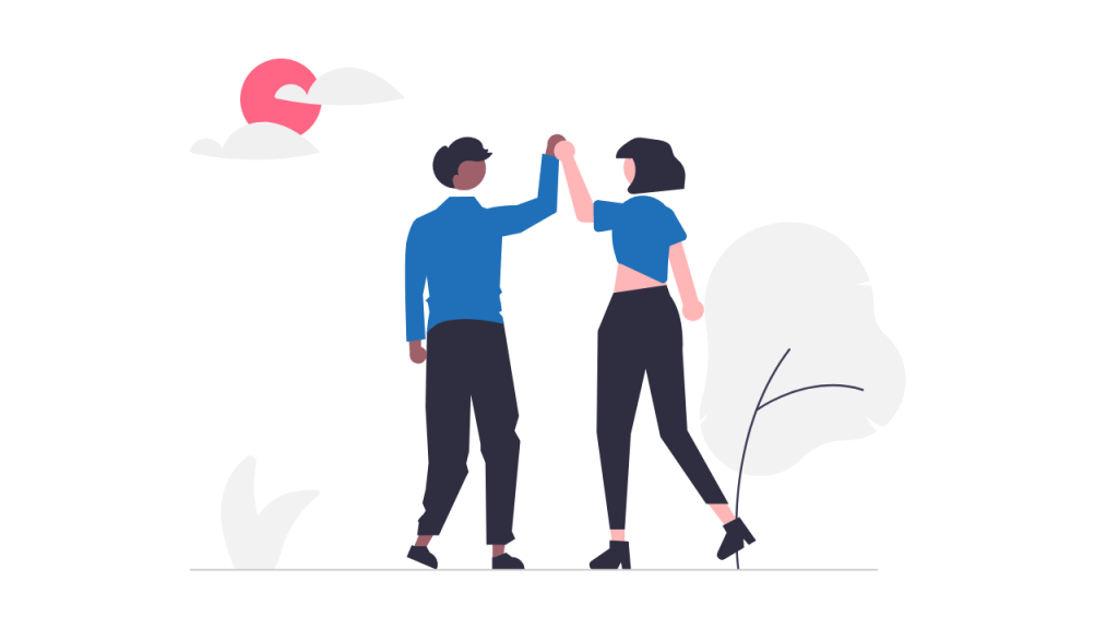 illustration of two coworkers in blue shirts high fiving