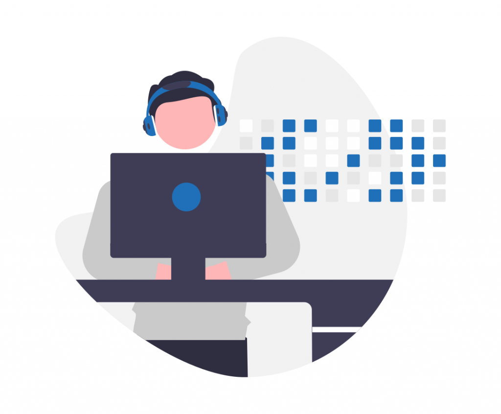 illustration of a software developer with blue headphones on