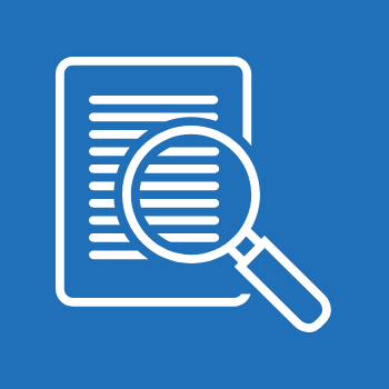White outline of a document and magnifying glass on a blue background
