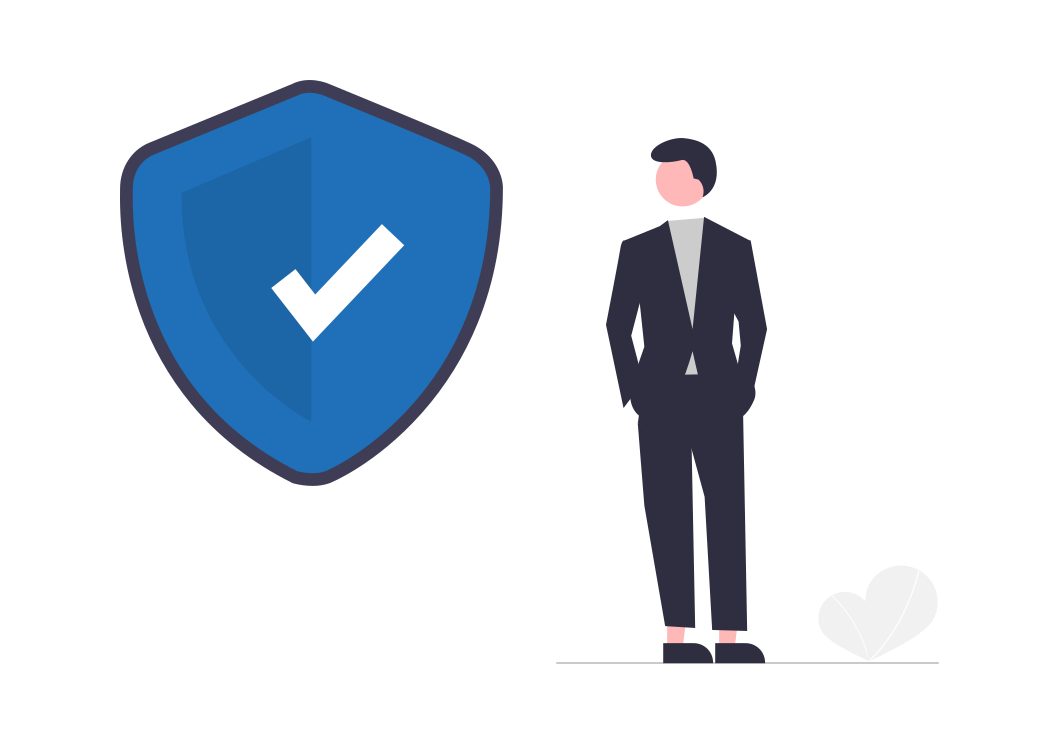 cartoon of man standing next to blue shield with checkmark