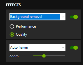 NVIDIA Broadcast camera effect options.