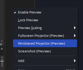 The context menu on OBS shows the windowed projector option.